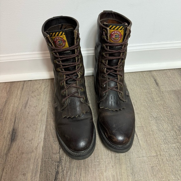 Justin Work Boots Brown Leather 760 Lace Up Size 8 Made in USA Round Toe - Picture 2 of 12